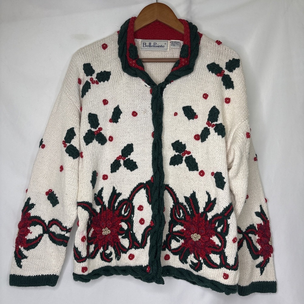 Vintage BellePointe Christmas XL Cardigan Sweater Poinsettia Grandmacore 3D